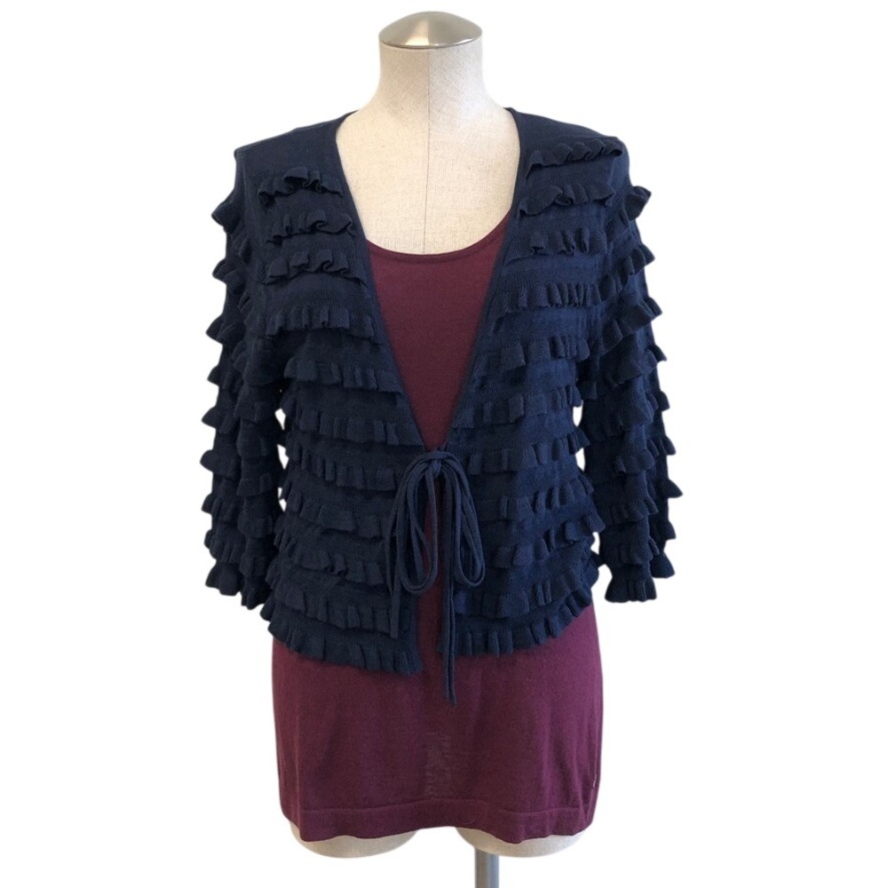 Herve Leger Cardigan Tank Set Womens L Navy Purple Ruffle Silk Wool Cashmere